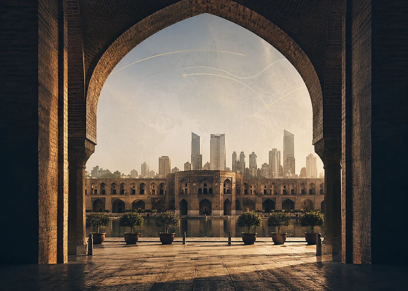 Iranian architecture framing a contemporary Tehran skyline
