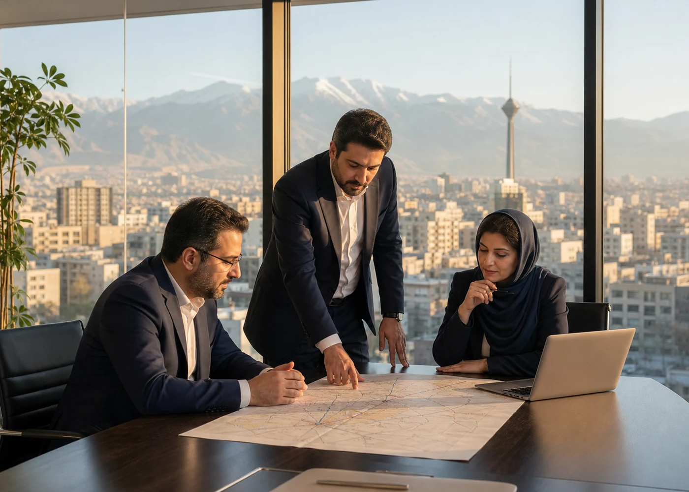 Iranian business team reviewing international trade plans in a Tehran office