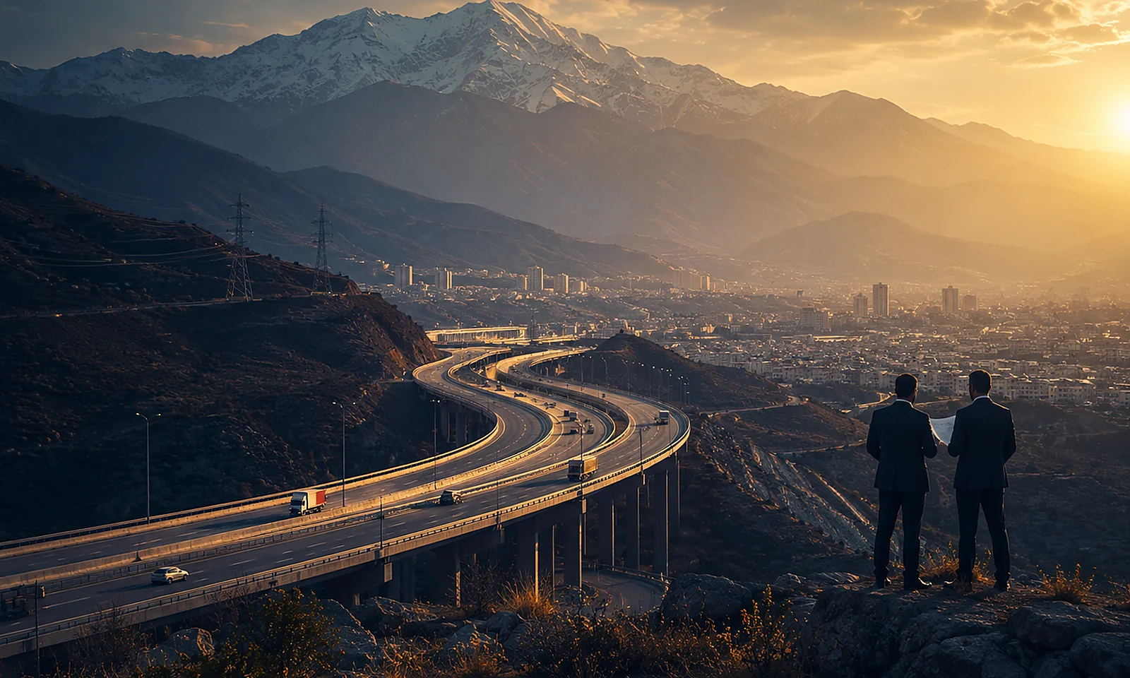 Trade route through Tehran with the Alborz mountains